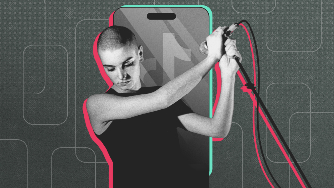 Sinead O'Connor posing with a microphone superimposed on a phone displaying the TikTok logo.