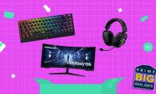 PC gaming peripherals in front of a purple background