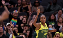 Jewell Loyd of the Seattle Storm celebrates