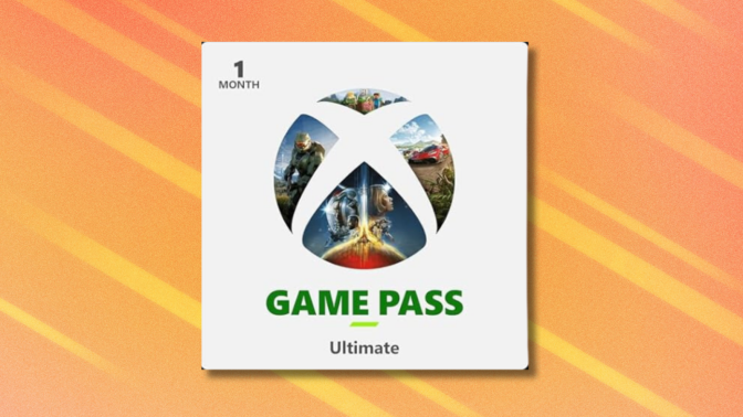 Xbox Game Pass Ultimate on orange and white abstract background