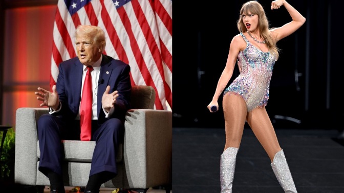 combined photo, donald trump sitting on stage  and taylor swift posing while singing