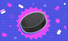 Robot vacuum inside purple shape on purple grid backdrop