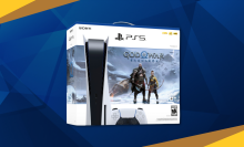 box art for the playstation 5 "god of war ragnarok" bundle against a blue and yellow geometric background