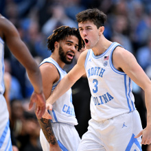 RJ Davis and Cormac Ryan of the North Carolina Tar Heels react during the second half of the game against the Wake Forest Demon Deacons at the Dean E. Smith Center on January 22, 2024, in Chapel Hill, North Carolina.