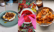 screenshots of tiktok foods, cottage cheese toast, chamoy pickle, and carrot salad