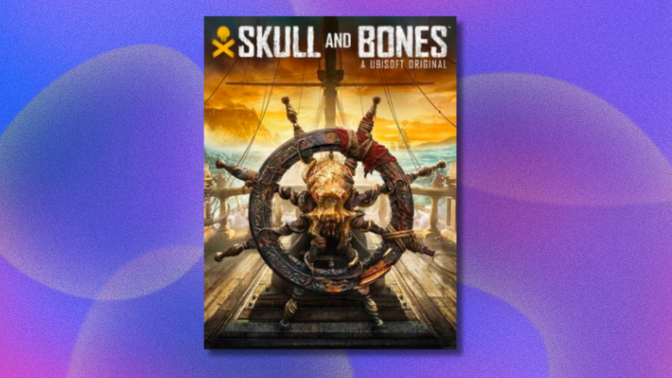 'Skull and Bones' box art on purple abstract background