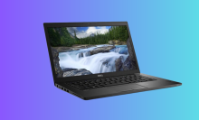 The Dell Latitude 5490 laptop superimposed over a colorful purplish-blue background