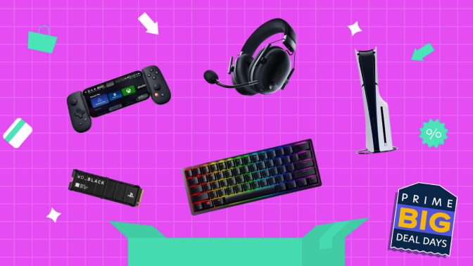 Gaming tech products in front of a purple background