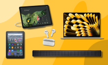 Fire tablet, Google Pixel tablet, Bose soundbar, Echo Buds, and MacBook Air with yellow background