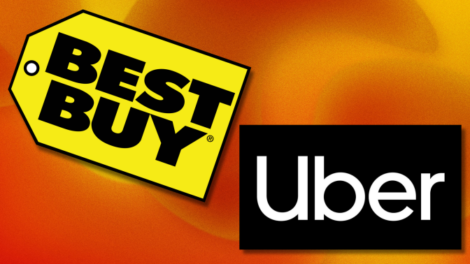 Best Buy and Uber logos overlaid on a yellowy-orange, textured background.