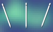 three apple pencils arranged on a pixelated background that's blue and light green