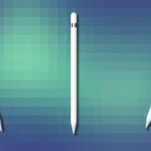 three apple pencils arranged on a pixelated background that's blue and light green