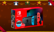 box art for the walmart-exclusive nintendo switch bundle surrounded by a holiday motif