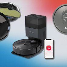 robot vacuums against a red, white, and blue background