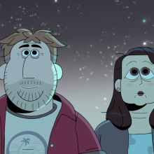 A man and woman stare up at the stars.