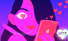 An illustration of a woman holding her iPhone, shown using a dating app.