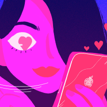 An illustration of a woman holding her iPhone, shown using a dating app.