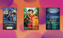 A colorful background with three book covers