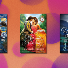 A colorful background with three book covers