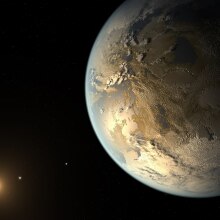 An artist's conception of the Earth-sized exoplanet Kepler-186f, which orbits in the habitable zone of a distant solar system some 500 light-years away.