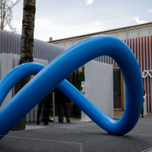 The Meta Platforms Inc. pavilion and logo on the opening day of the World Economic Forum (WEF).