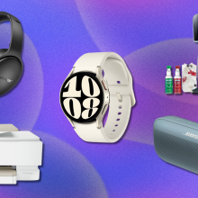 A photo collage featuring Bose QuietComfort headphones, HP printer, Samsung smart watch, SodaStream, and Bose speaker.