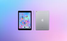 Refurbished 6th-Generation iPad and Accessories Bundle on a colorful background.