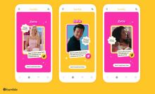 Bumble x Barbie is shown on three phone screens in shades of yellow and pink.