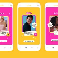 Bumble x Barbie is shown on three phone screens in shades of yellow and pink.