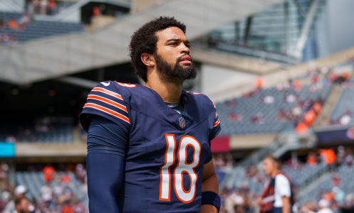 Caleb Williams of the Chicago Bears stretches