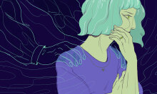 An illustrated woman looks to the side, worried, while disembodied hands pull at her.