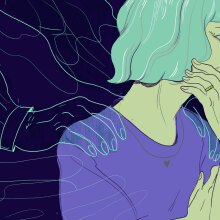 An illustrated woman looks to the side, worried, while disembodied hands pull at her.