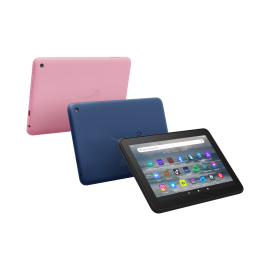 the new fire 7 tablet in black, denim, and rose