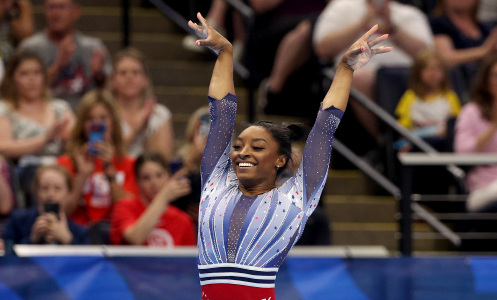 Simone Biles competes in the floor exercise on Day Two of the 2024 U.S. Olympic Team Gymnastics Trials
