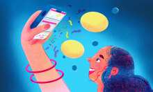 An illustration of a girl looking at a cell phone.