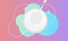 Soothe-n-Sleep White Noise Machine on a pink and blue background.