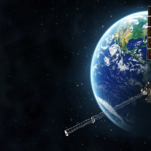 An artist's conception of a GOES satellite orbiting Earth.