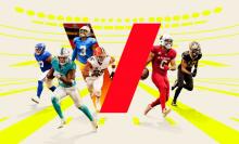 Six NFL football players in composite with large Verizon logo with yellow stripes in background