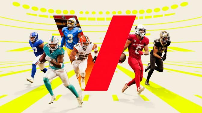 Six NFL football players in composite with large Verizon logo with yellow stripes in background