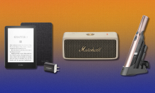 Kindle Paperwhite bundle, Marshall Emberton speaker, and Shark Wandvac with an orange and blue background