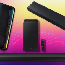 samsung soundbars and speakers with a colorful background