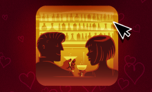 Illustration of a man and woman on a date at a bar, clinking glasses. 