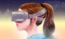 An illustration of a women wearing a virtual reality headset.