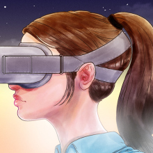 An illustration of a women wearing a virtual reality headset.