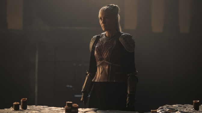 Rhaenys Targaryen in her red, scaly dragon armor.