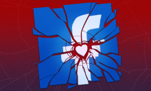 A shattered Facebook logo.