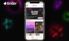 A phone screen displaying the new Tinder Blind Date feature.