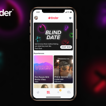 A phone screen displaying the new Tinder Blind Date feature.