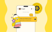 cartoon pencil with magic wand over screenshot of bumble chat with text "not sure what to say? let's help you break the ice"
