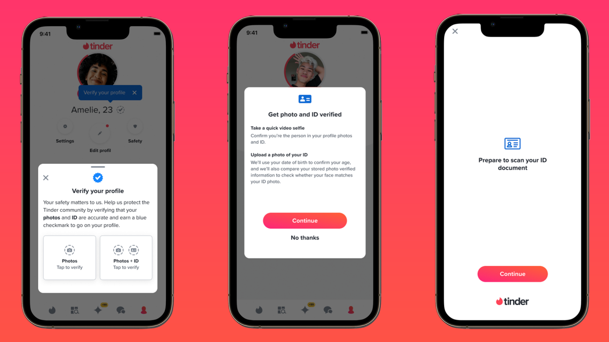 screenshots of tinder prompts to verify profile with ID and/or photo